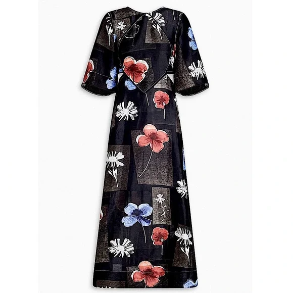 GANNI Cutout Picot-Trimmed Floral Linen Silk Gown, NEW